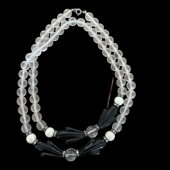 Vintage Art Deco Style Clear Lucite Bead Black & White Necklace Opera Length 30” - Picture 2 of 4